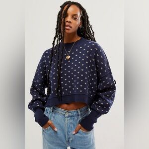 NWT Free People Pattern Easy Street Cropped Sweater Navy Blue Sz L